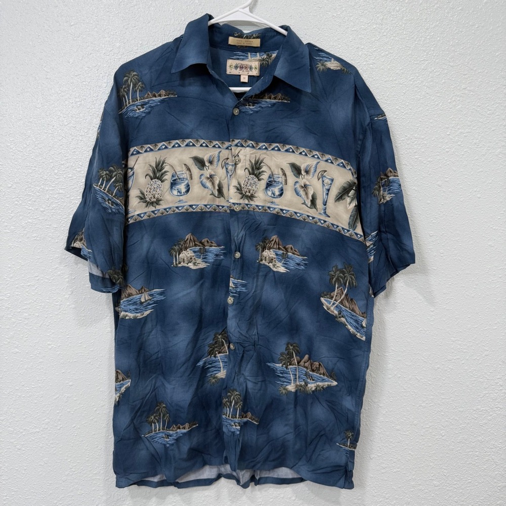 Campia Moda Mens Blue Tropical Island Pineapple Cocktail Rayon Aloha Shirt M